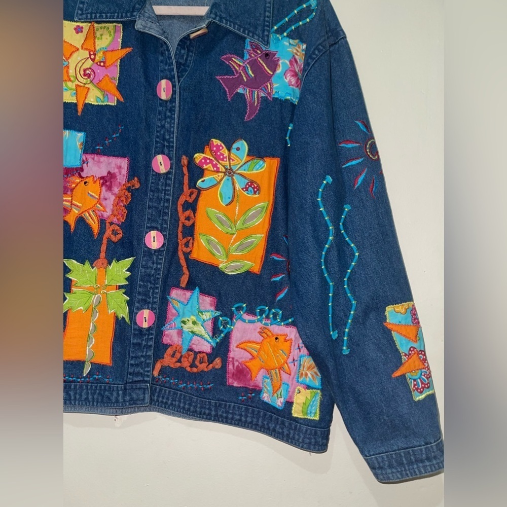 Vintage Artsy Embroidered 3D Popart Denim Jacket - Picture 3 of 16